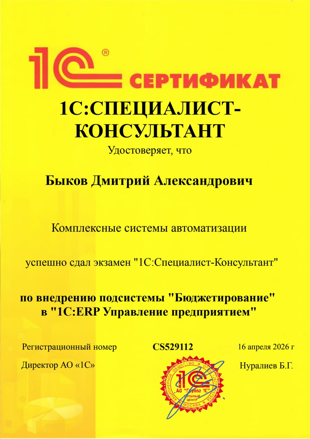 Быков — 1С:Специалист-консультант по бюджетированию (ERP)