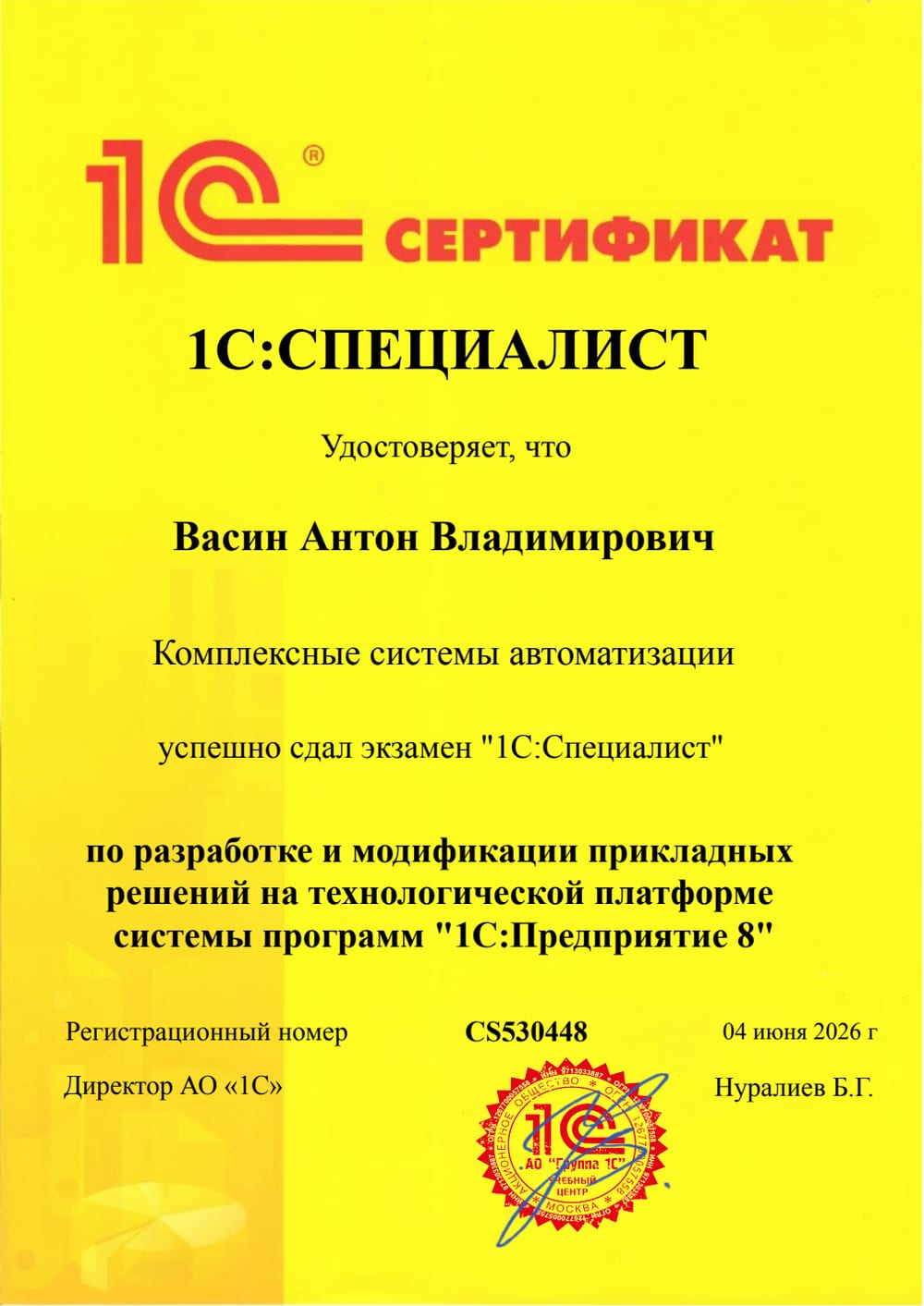 Васин — 1С:Специалист по платформе «1С:Предприятие 8»